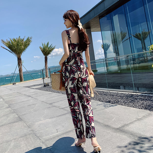 Trendy Sexy Women Seaside Graffiti Floral Print High Waist Soft Smooth Jumpsuit Wide Long Leg Pants