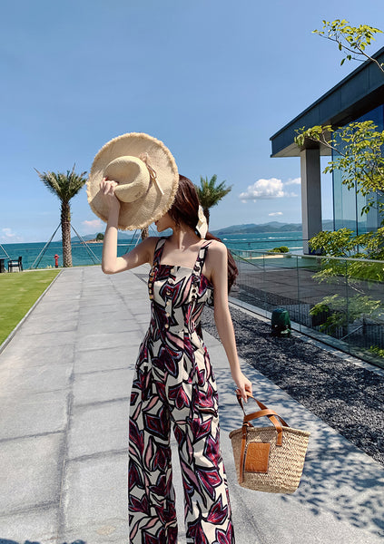 Trendy Sexy Women Seaside Graffiti Floral Print High Waist Soft Smooth Jumpsuit Wide Long Leg Pants