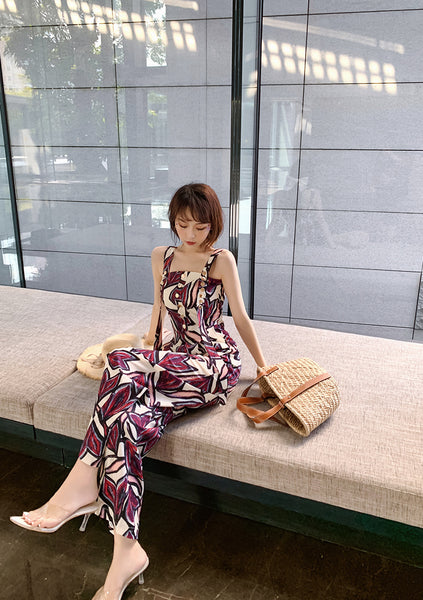 Trendy Sexy Women Seaside Graffiti Floral Print High Waist Soft Smooth Jumpsuit Wide Long Leg Pants