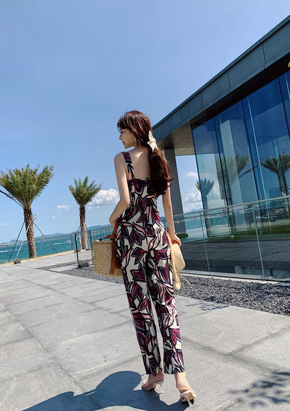 Trendy Sexy Women Seaside Graffiti Floral Print High Waist Soft Smooth Jumpsuit Wide Long Leg Pants