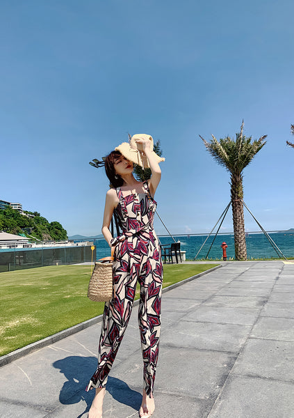 Trendy Sexy Women Seaside Graffiti Floral Print High Waist Soft Smooth Jumpsuit Wide Long Leg Pants