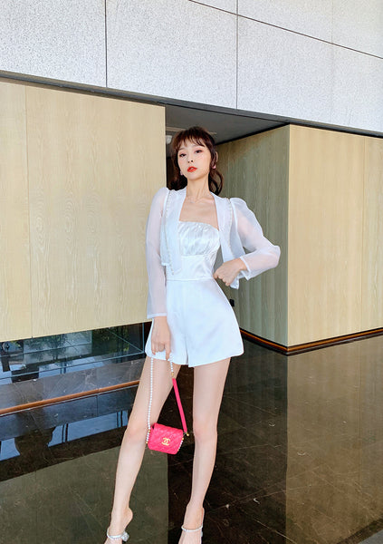Summer Women Design Organza Beaded Satin Attractive Suit Two Piece Shorts Jacket Jumpsuit