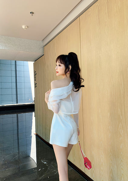 Summer Women Design Organza Beaded Satin Attractive Suit Two Piece Shorts Jacket Jumpsuit