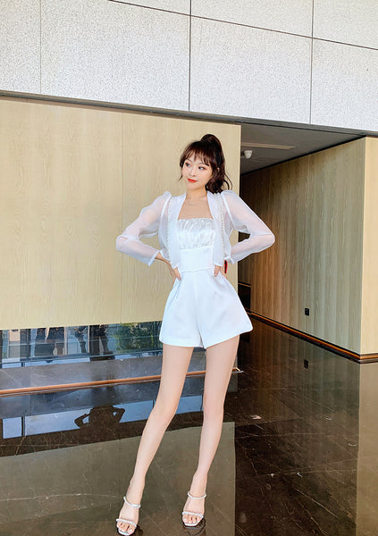 Summer Women Design Organza Beaded Satin Attractive Suit Two Piece Shorts Jacket Jumpsuit