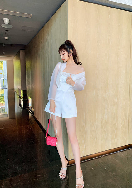 Summer Women Design Organza Beaded Satin Attractive Suit Two Piece Shorts Jacket Jumpsuit