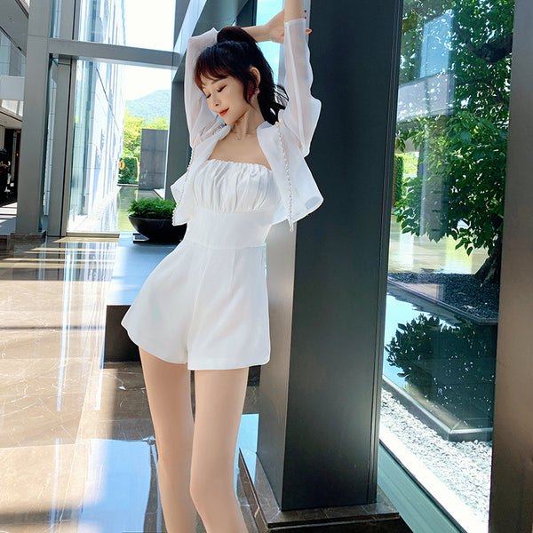 Summer Women Design Organza Beaded Satin Attractive Suit Two Piece Shorts Jacket Jumpsuit