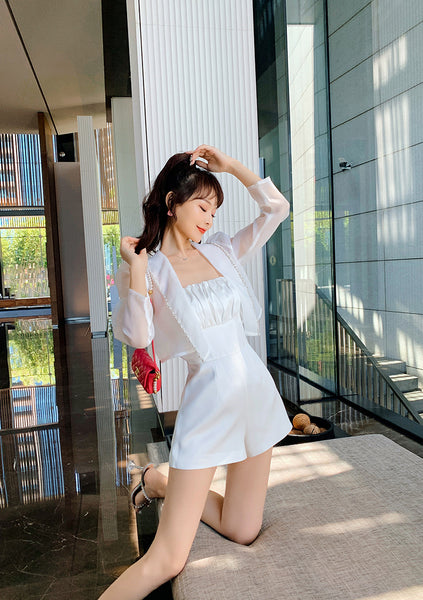 Summer Women Design Organza Beaded Satin Attractive Suit Two Piece Shorts Jacket Jumpsuit