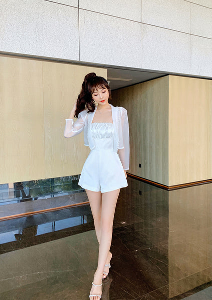 Summer Women Design Organza Beaded Satin Attractive Suit Two Piece Shorts Jacket Jumpsuit