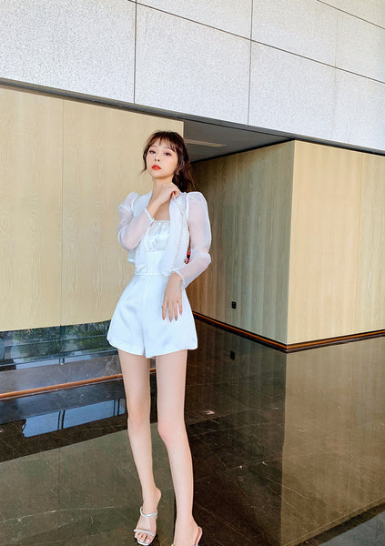 Summer Women Design Organza Beaded Satin Attractive Suit Two Piece Shorts Jacket Jumpsuit