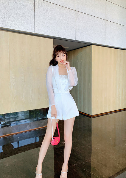 Summer Women Design Organza Beaded Satin Attractive Suit Two Piece Shorts Jacket Jumpsuit