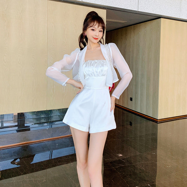 Summer Women Design Organza Beaded Satin Attractive Suit Two Piece Shorts Jacket Jumpsuit