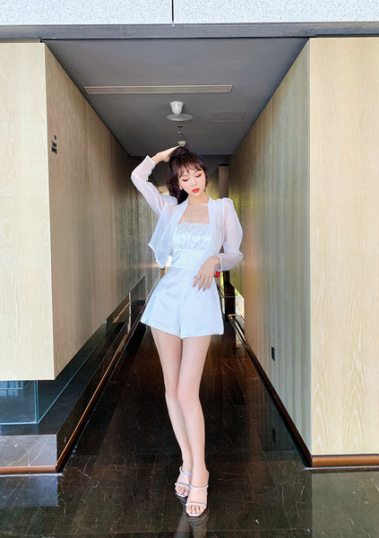 Summer Women Design Organza Beaded Satin Attractive Suit Two Piece Shorts Jacket Jumpsuit