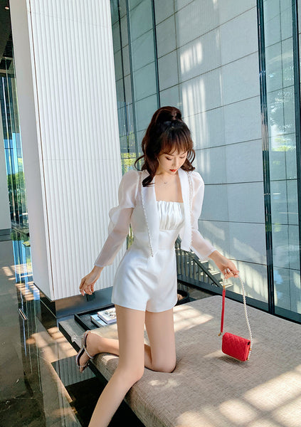Summer Women Design Organza Beaded Satin Attractive Suit Two Piece Shorts Jacket Jumpsuit
