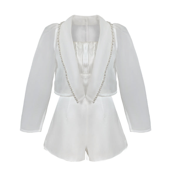 Summer Women Design Organza Beaded Satin Attractive Suit Two Piece Shorts Jacket Jumpsuit
