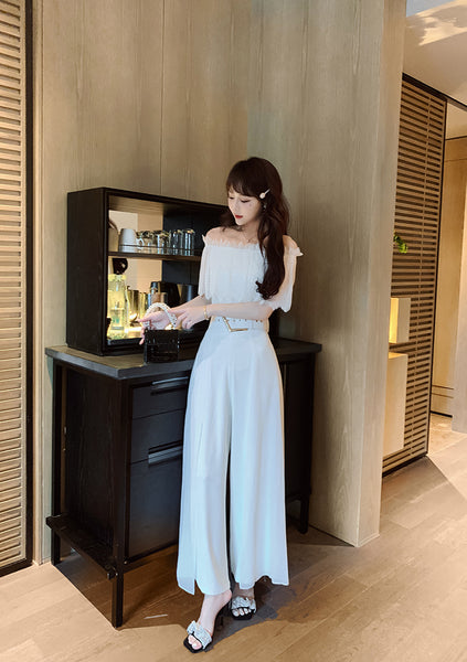 Two Piece Suit Summer Women Off Shoulder Lace Shirt top Drape Wide Leg Mopping Pants Suit