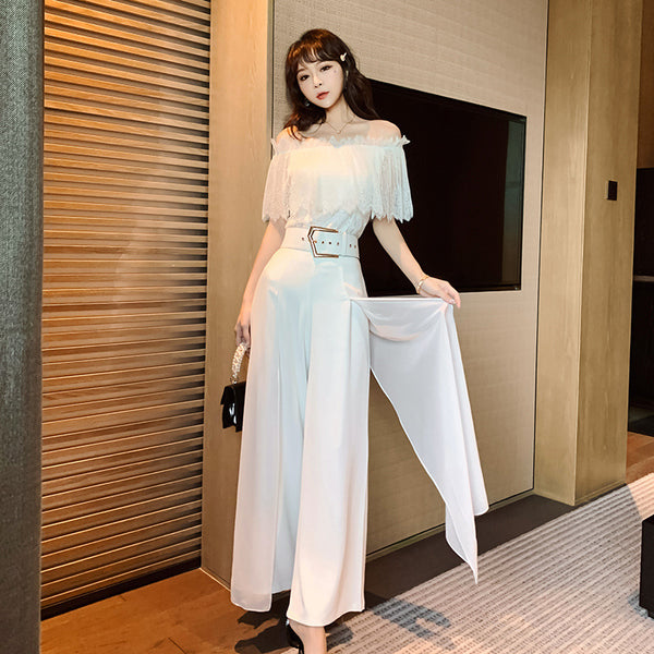 Two Piece Suit Summer Women Off Shoulder Lace Shirt top Drape Wide Leg Mopping Pants Suit