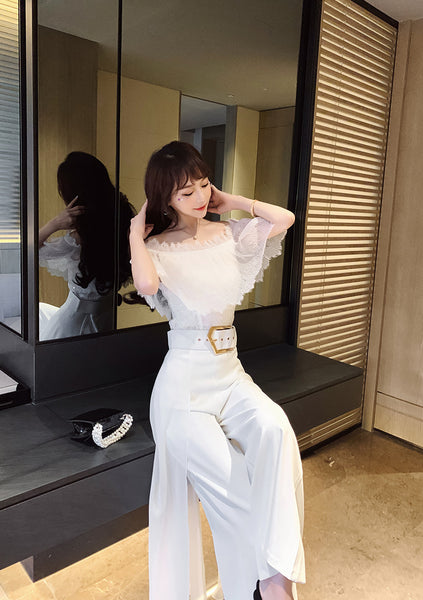 Two Piece Suit Summer Women Off Shoulder Lace Shirt top Drape Wide Leg Mopping Pants Suit