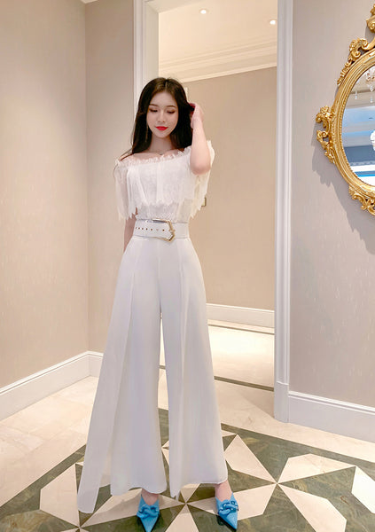 Two Piece Suit Summer Women Off Shoulder Lace Shirt top Drape Wide Leg Mopping Pants Suit