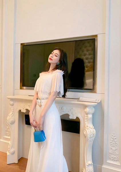 Two Piece Suit Summer Women Off Shoulder Lace Shirt top Drape Wide Leg Mopping Pants Suit