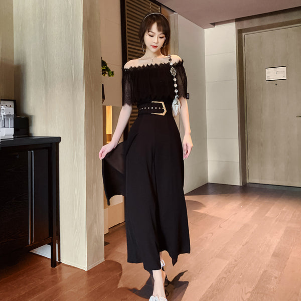 Two Piece Suit Summer Women Off Shoulder Lace Shirt top Drape Wide Leg Mopping Pants Suit