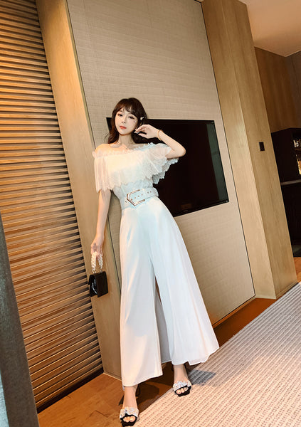 Two Piece Suit Summer Women Off Shoulder Lace Shirt top Drape Wide Leg Mopping Pants Suit