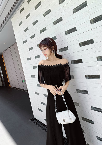 Two Piece Suit Summer Women Off Shoulder Lace Shirt top Drape Wide Leg Mopping Pants Suit
