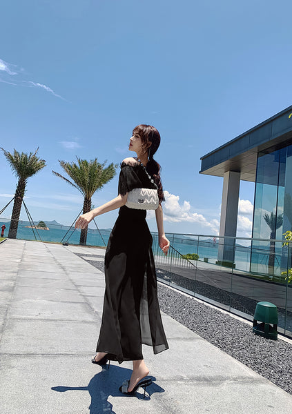Two Piece Suit Summer Women Off Shoulder Lace Shirt top Drape Wide Leg Mopping Pants Suit