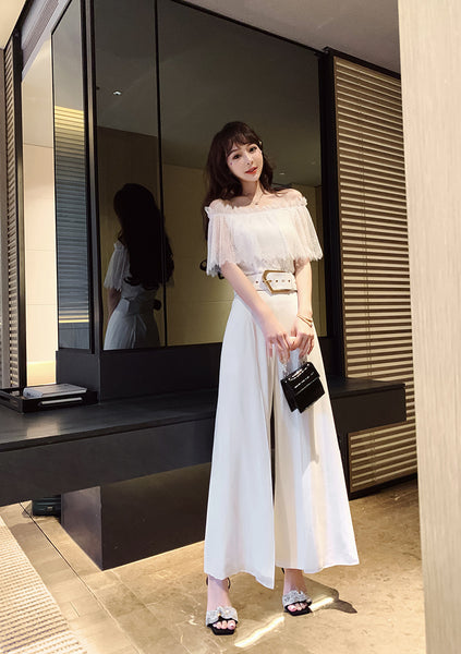 Two Piece Suit Summer Women Off Shoulder Lace Shirt top Drape Wide Leg Mopping Pants Suit