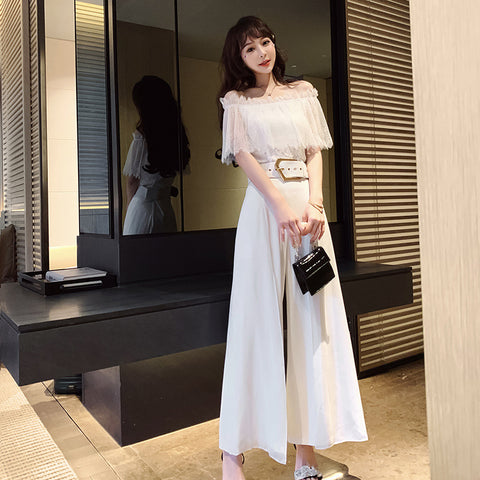 Two Piece Suit Summer Women Off Shoulder Lace Shirt top Drape Wide Leg Mopping Pants Suit