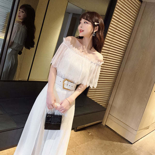 Two Piece Suit Summer Women Off Shoulder Lace Shirt top Drape Wide Leg Mopping Pants Suit