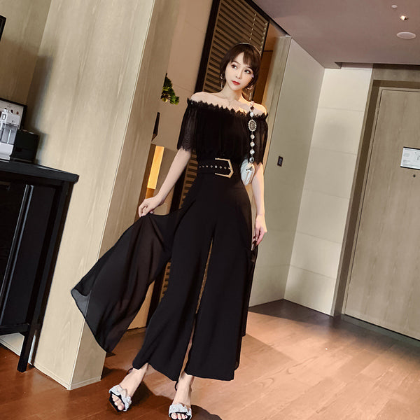 Two Piece Suit Summer Women Off Shoulder Lace Shirt top Drape Wide Leg Mopping Pants Suit