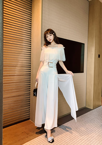 Two Piece Suit Summer Women Off Shoulder Lace Shirt top Drape Wide Leg Mopping Pants Suit