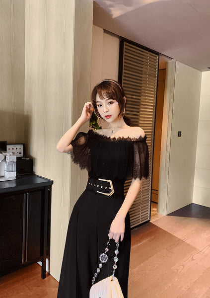 Two Piece Suit Summer Women Off Shoulder Lace Shirt top Drape Wide Leg Mopping Pants Suit