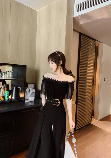 Two Piece Suit Summer Women Off Shoulder Lace Shirt top Drape Wide Leg Mopping Pants Suit