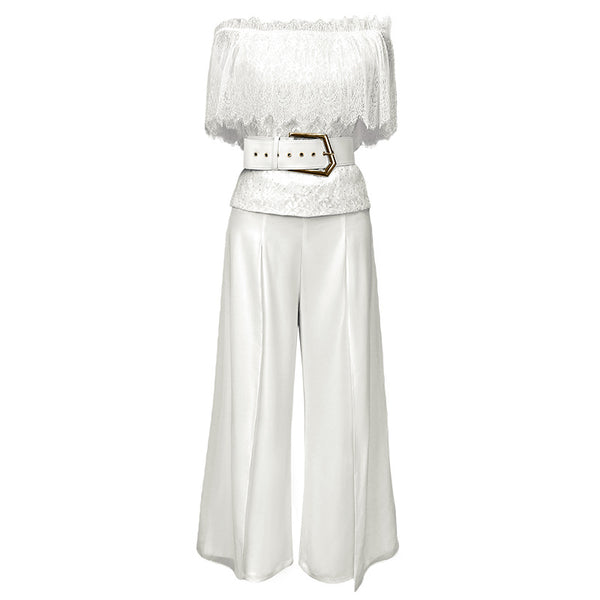 Two Piece Suit Summer Women Off Shoulder Lace Shirt top Drape Wide Leg Mopping Pants Suit
