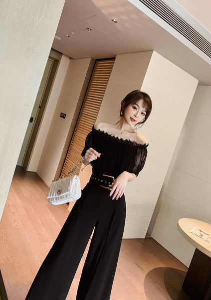 Two Piece Suit Summer Women Off Shoulder Lace Shirt top Drape Wide Leg Mopping Pants Suit