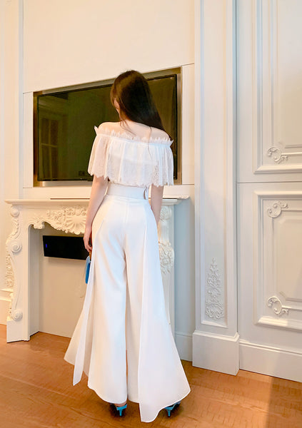 Two Piece Suit Summer Women Off Shoulder Lace Shirt top Drape Wide Leg Mopping Pants Suit