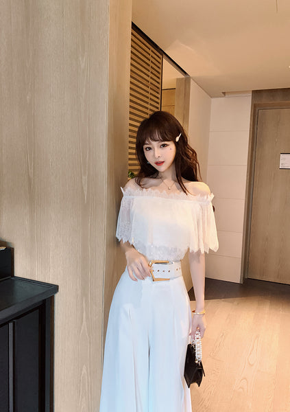 Two Piece Suit Summer Women Off Shoulder Lace Shirt top Drape Wide Leg Mopping Pants Suit