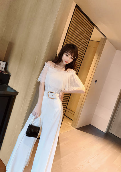 Two Piece Suit Summer Women Off Shoulder Lace Shirt top Drape Wide Leg Mopping Pants Suit