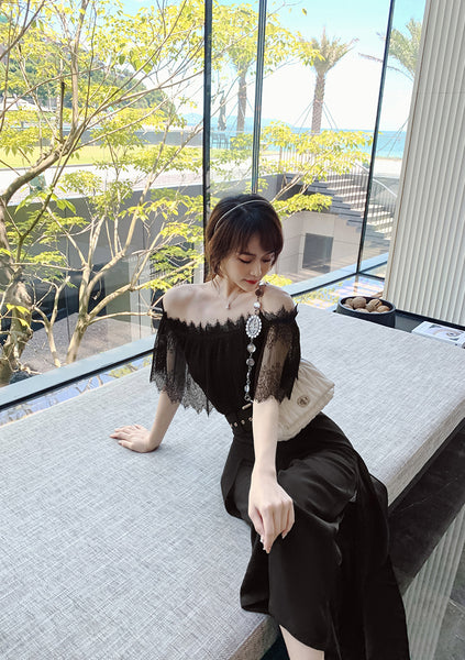 Two Piece Suit Summer Women Off Shoulder Lace Shirt top Drape Wide Leg Mopping Pants Suit