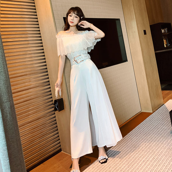 Two Piece Suit Summer Women Off Shoulder Lace Shirt top Drape Wide Leg Mopping Pants Suit