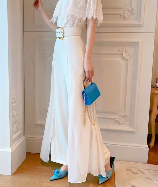 Two Piece Suit Summer Women Off Shoulder Lace Shirt top Drape Wide Leg Mopping Pants Suit