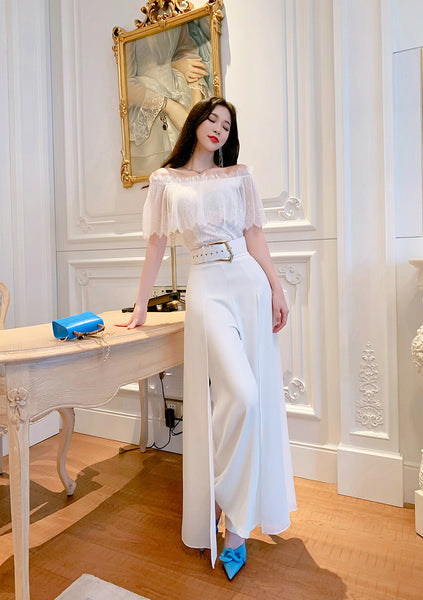 Two Piece Suit Summer Women Off Shoulder Lace Shirt top Drape Wide Leg Mopping Pants Suit