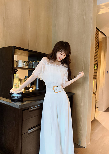 Two Piece Suit Summer Women Off Shoulder Lace Shirt top Drape Wide Leg Mopping Pants Suit