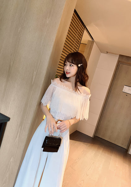 Two Piece Suit Summer Women Off Shoulder Lace Shirt top Drape Wide Leg Mopping Pants Suit