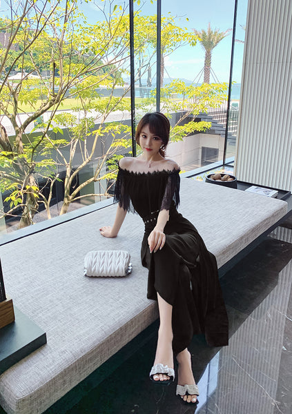 Two Piece Suit Summer Women Off Shoulder Lace Shirt top Drape Wide Leg Mopping Pants Suit