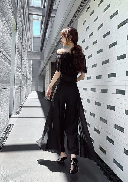 Two Piece Suit Summer Women Off Shoulder Lace Shirt top Drape Wide Leg Mopping Pants Suit