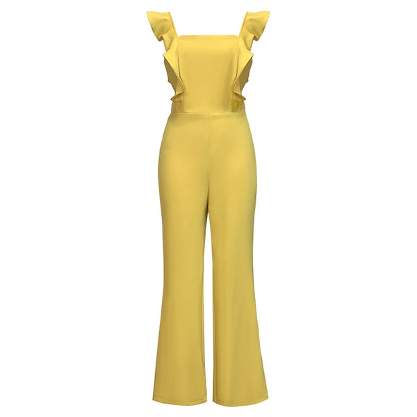 Summer Temperament Women Yellow Look Young Flare Sleeves Tops High Waist Pants Jumpsuit