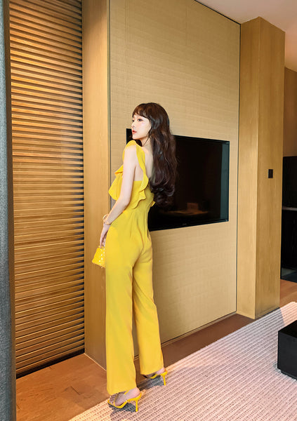Summer Temperament Women Yellow Look Young Flare Sleeves Tops High Waist Pants Jumpsuit