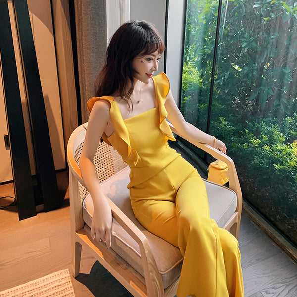 Summer Temperament Women Yellow Look Young Flare Sleeves Tops High Waist Pants Jumpsuit